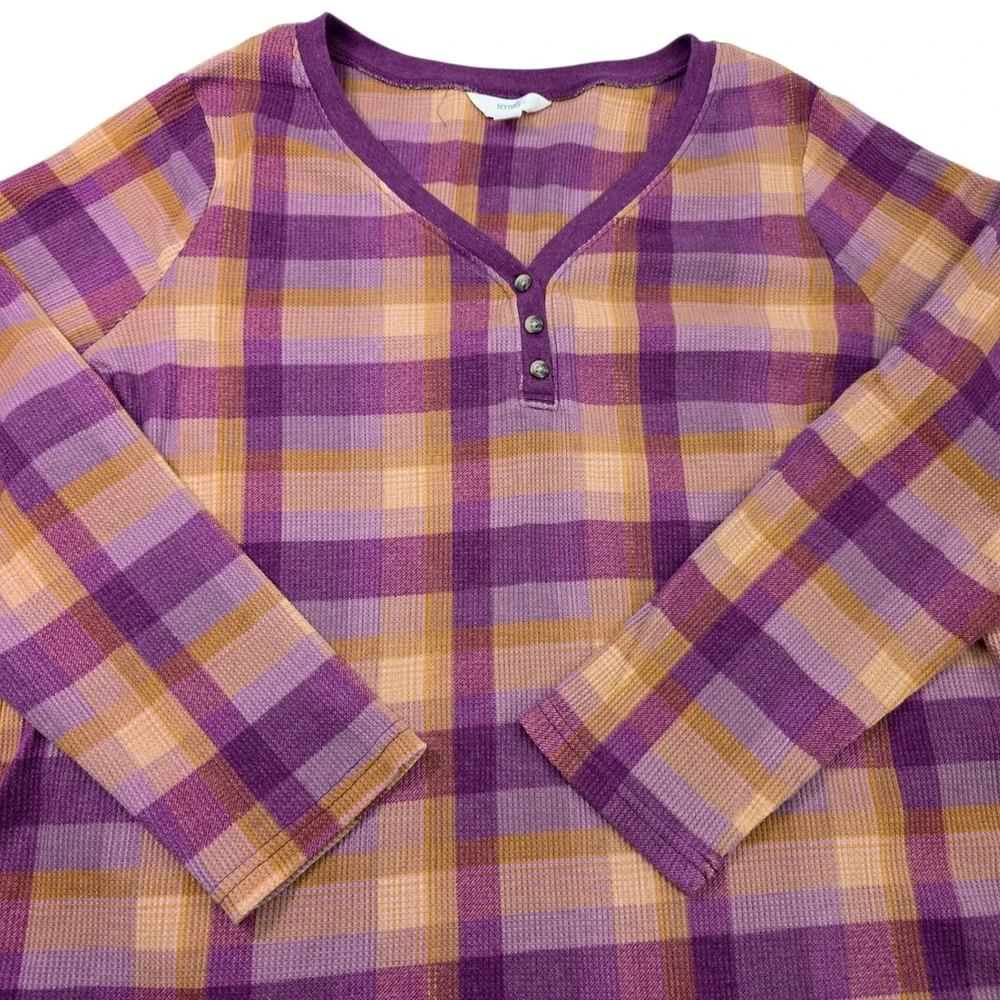 Terra & Sky Plus Size 1X Purple‎ Orange Plaid Waffle Knit Henley Top